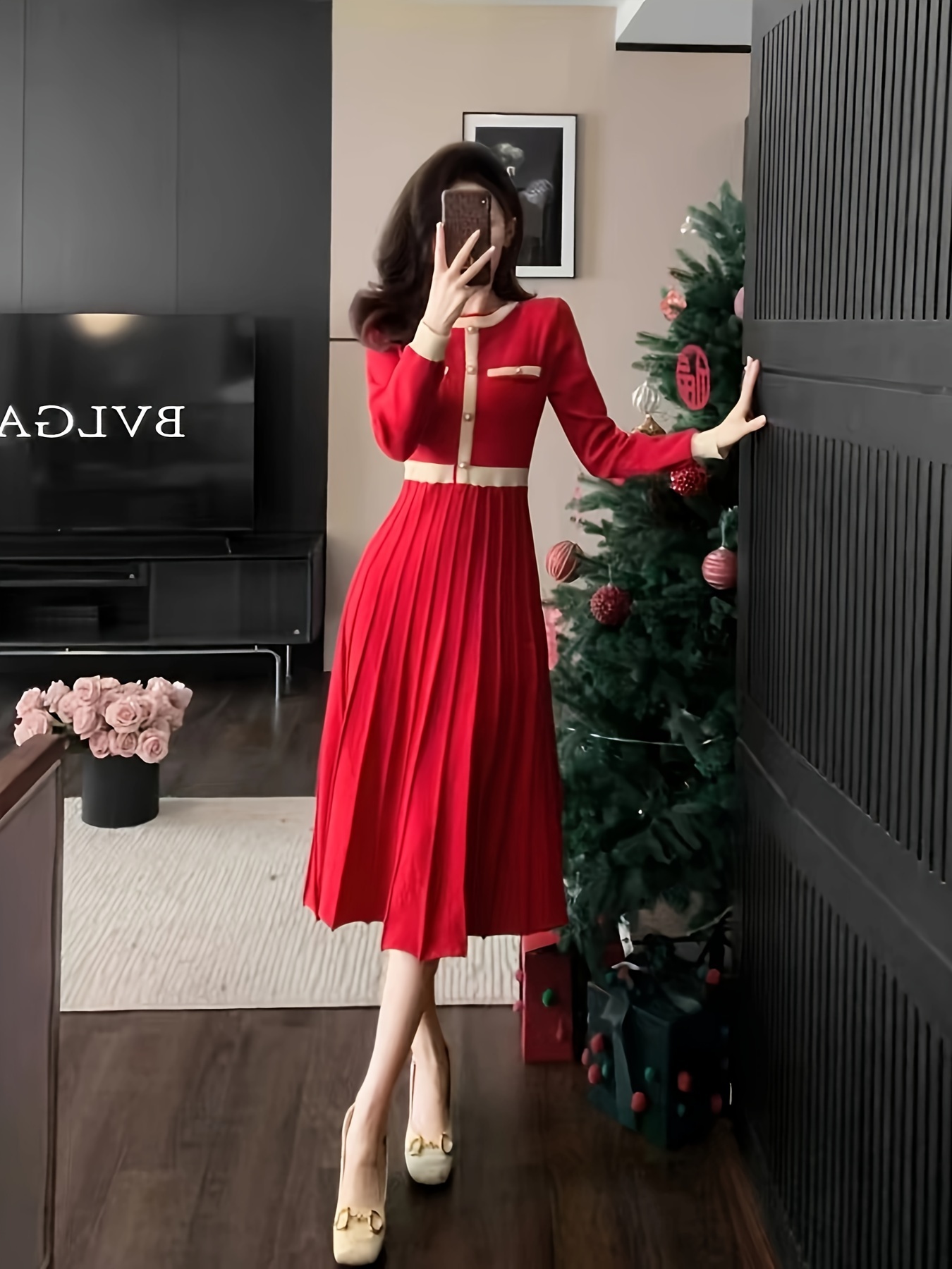 * * Style Autumn Winter Swing Dress High Waist A-Line Over-The-Knee Long  Dress High-End * Wear Sweater