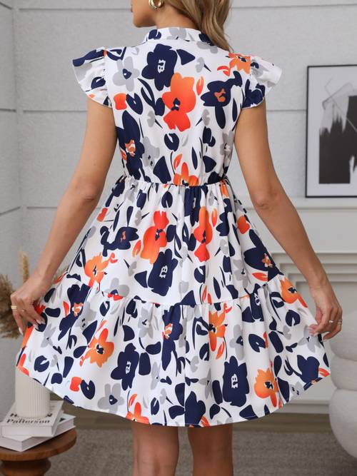 womens summer floral print ruffle hem notched collar mini dress 100 polyester a line dress with flutter sleeves