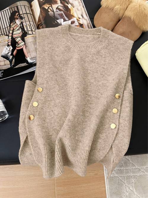photo de l'article débardeur manches décontracté à col rond pour femmes, collection printemps-été, couleur , décoration latérale avec boutons en métal et fente