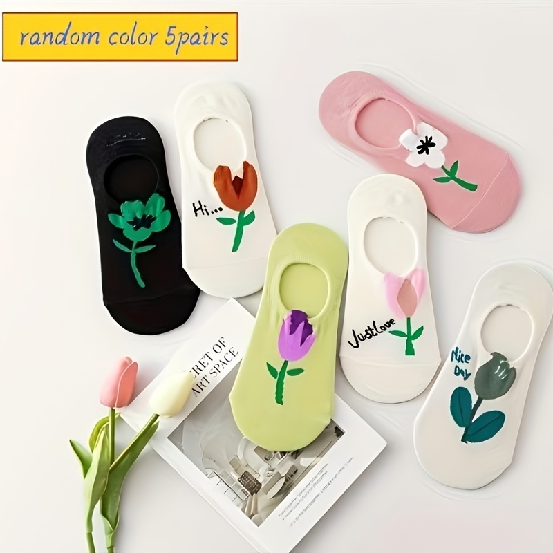 TEMU 5-pair Random Color Pack, Women's Tulip No-show Socks, , Anti-slip, Non-slip Heel, Thin And Breathable For Spring/summer, Cute Floral Pattern