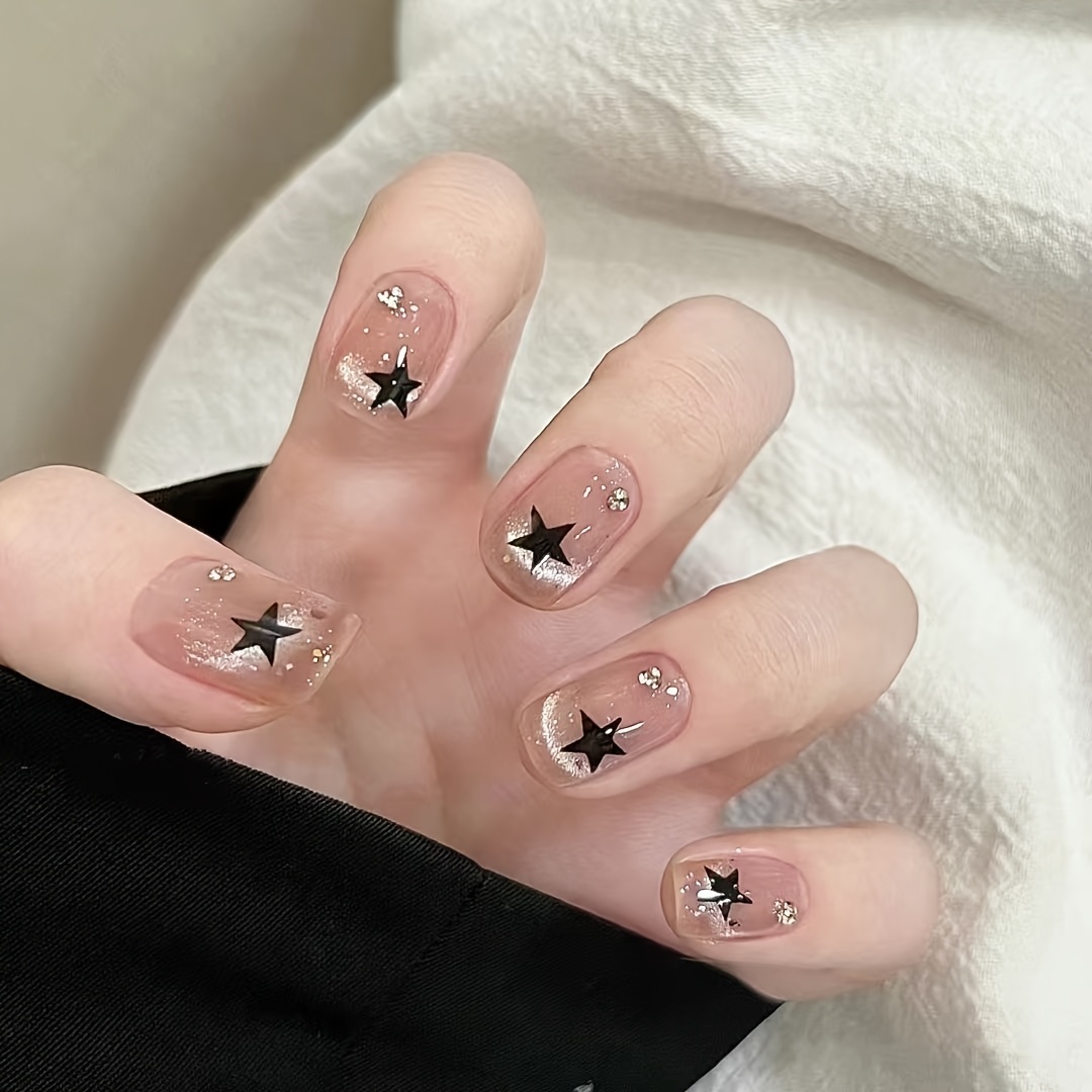 24pcs Of Translucent Star Dream Short Round Cat Eye Wear Nail Dynamic Cat Eye Dream Fashion Trend Fake Nails Hipster Must-have Nail Art