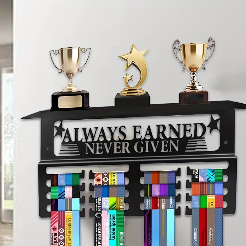 

Iron Historical Theme Medal Display Rack With Trophy Shelf, Inspirational "always Earned Never Given" Motto, Indoor Living Room Wall Hanging Decor, For Awards And Certificates, No Electricity Required