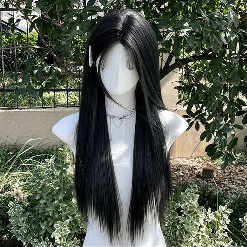 una peluca para a día, - negra, , larga con raya en el medio, y elegante, ideal para fiestas y reuniones