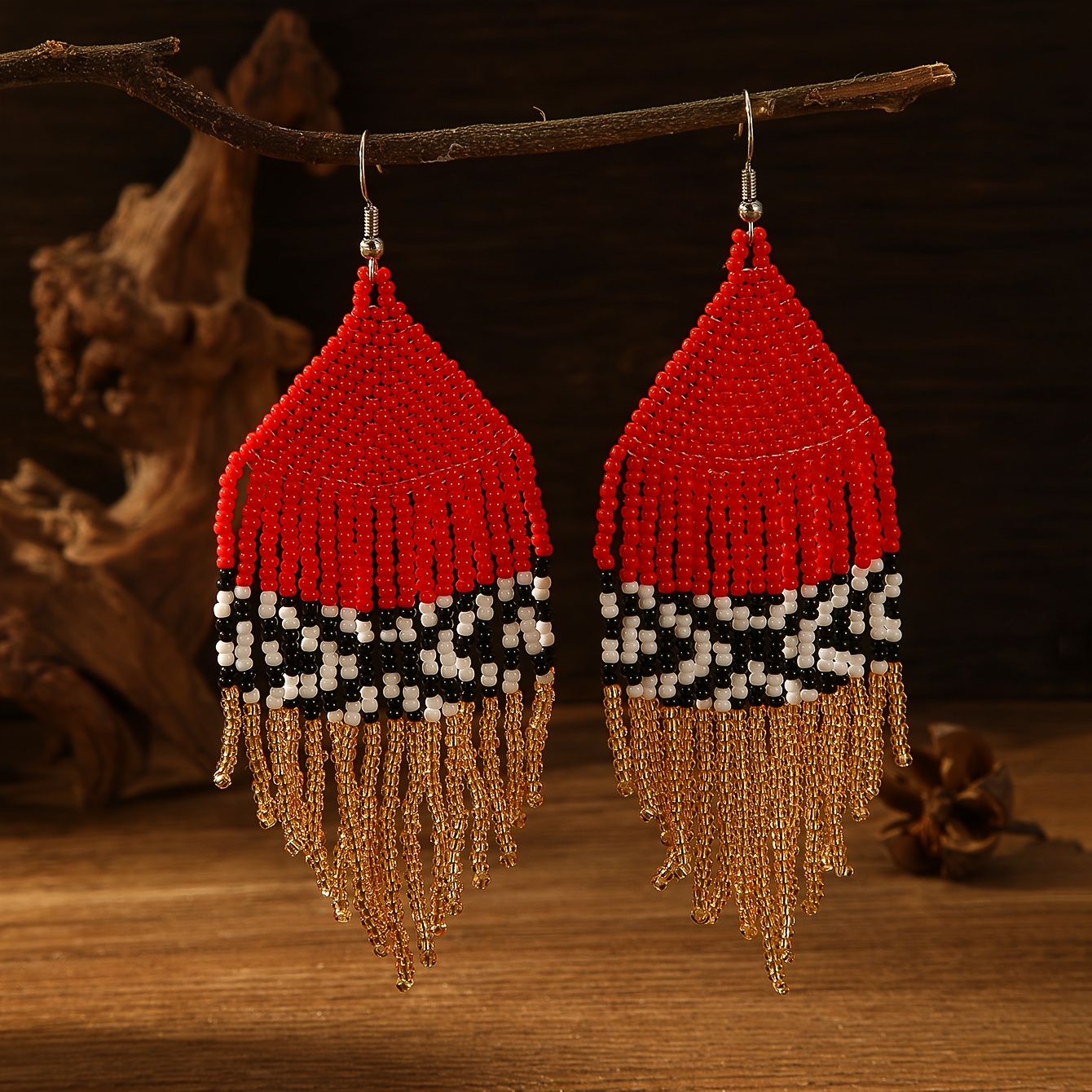 E-shop Böhmischer Stil Paar handgefertigte Perlenohrringe, Rot Schwarz Goldene Quasten Ohrhänger, Mode Retro Stil Ohrringe, Damenmode Accessoire,