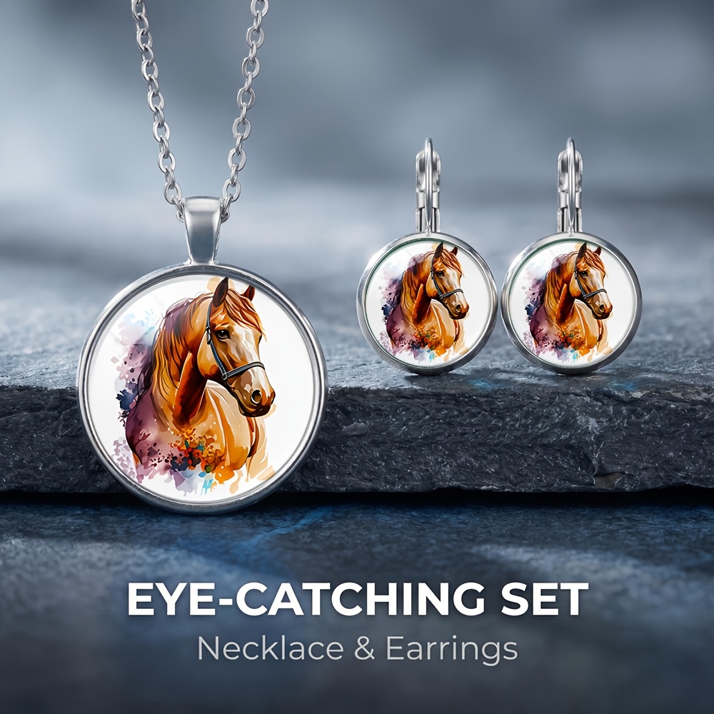TEMU 3pcs Ink Wash Horse Necklace And Earrings Set, Suitable For Daily Wear, An Exquisite Little Gift