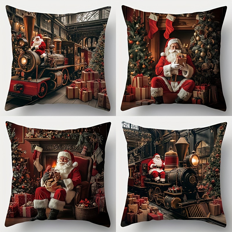 TEMU 4pcs Christmas Pillow Cover 17.2"x17.2", Santa Claus On Gifts Pattern, Zipper Closure, Polyester Fiber Material, Living Room Sofa Decoration,