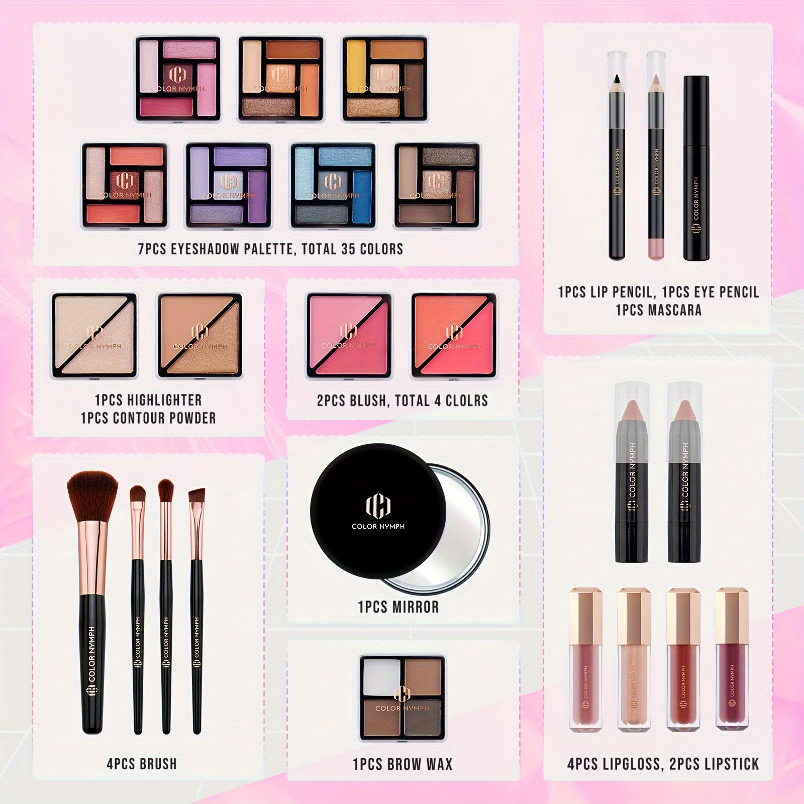 Conjunto de Maquiagem Inicial para Meninas Pré-adolescentes, Estojo de Maquiagem Completo para Mulheres com Sombra, Batom, Blush, Pincéis, Gloss Labial, Máscara de Cílios, Cera para Sobrancelhas e Espelho Rosa Conjunto Completo de Cosméticos Inicial detalhes 8