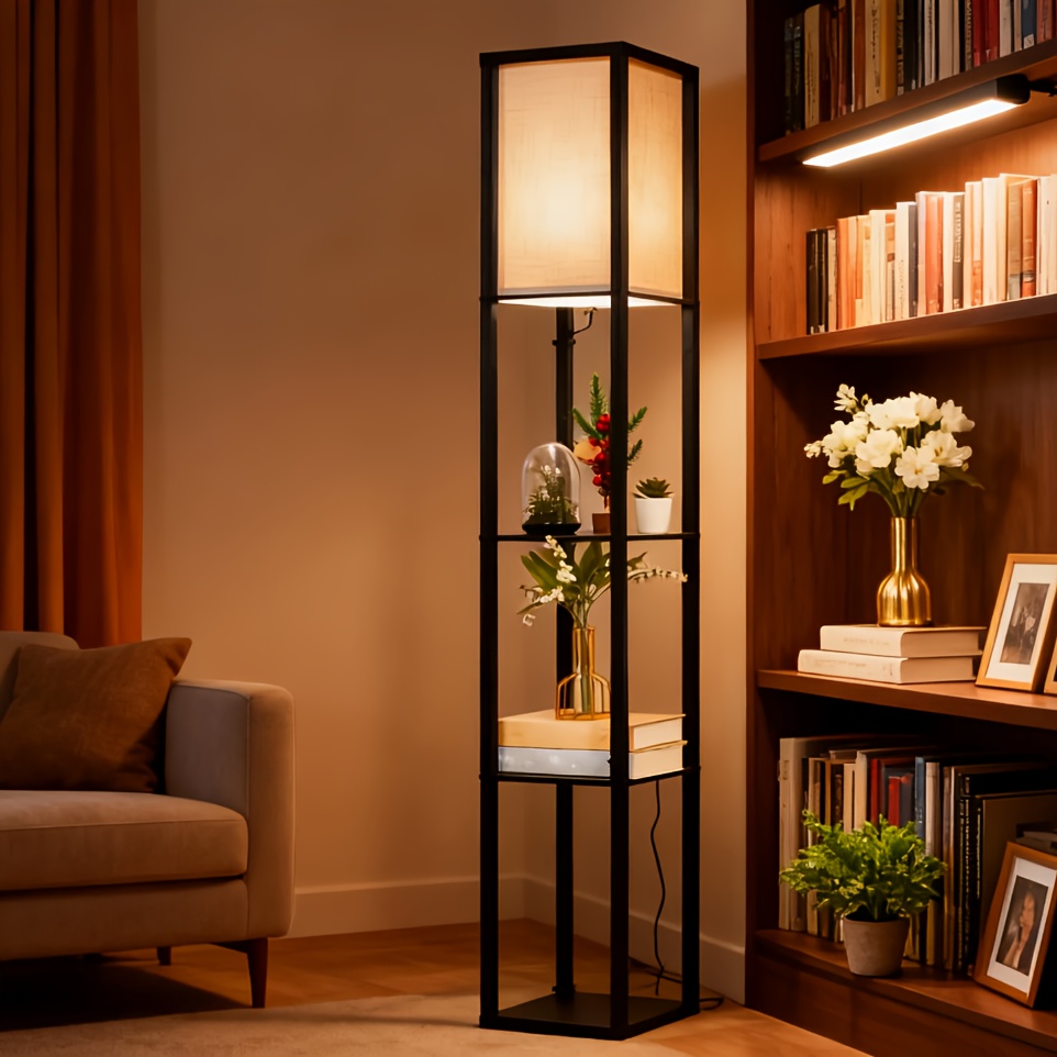 Black Floor Lamp with Wooden Shelf, LED Lighting, Suitable for Living Room, Bedroom, Office, Mother's Day Gift, Gifting, Women's Preference, Stylish and Attractive Design