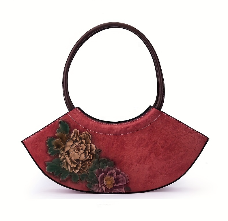 Vintage Floral Genuine Leather Handbag for Women - Lightweight Top-Handle Messenger Bag with Lace Embellishment, Adjustable Strap, Zipper Closure, from Guangzhou - Elegant Occasion with Positioning Printing And Paint