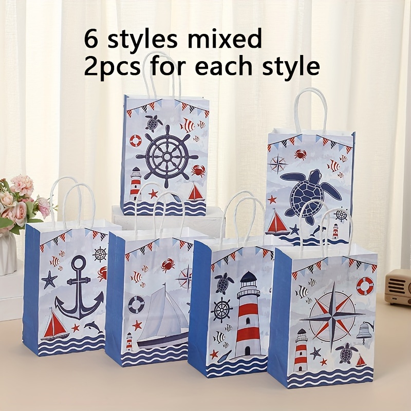 Gift For Her/him 12pcs Of Paper Tote Bags With A Nautical Theme, Suitable For Birthday Gift Bags, Beach Party Gift Bags, Storage Bags, Shopping Packaging, And Candy Bags