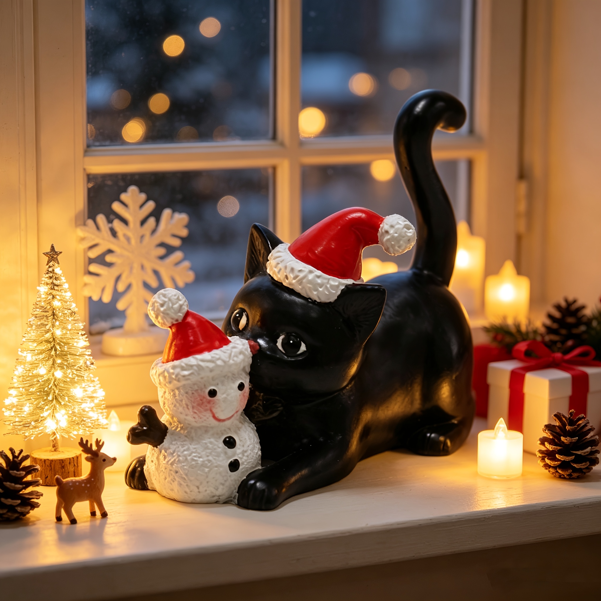 TEMU Kerst Zwarte Kat Sneeuwpop Resin Beeld Ornament met Kerstmuts Kat Sneeuwpop Nieuwjaar Festival Party Sfeer Ambachten Huisdecoratie Woonkamer TV