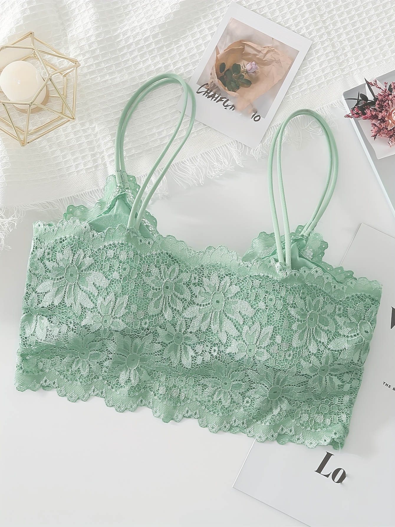 Women's Hollow Out Wrapped Breast Lace Cami Bras, Anti-slip Solid Medium Stretch Padded Bra, Women's Lingerie & Underwear