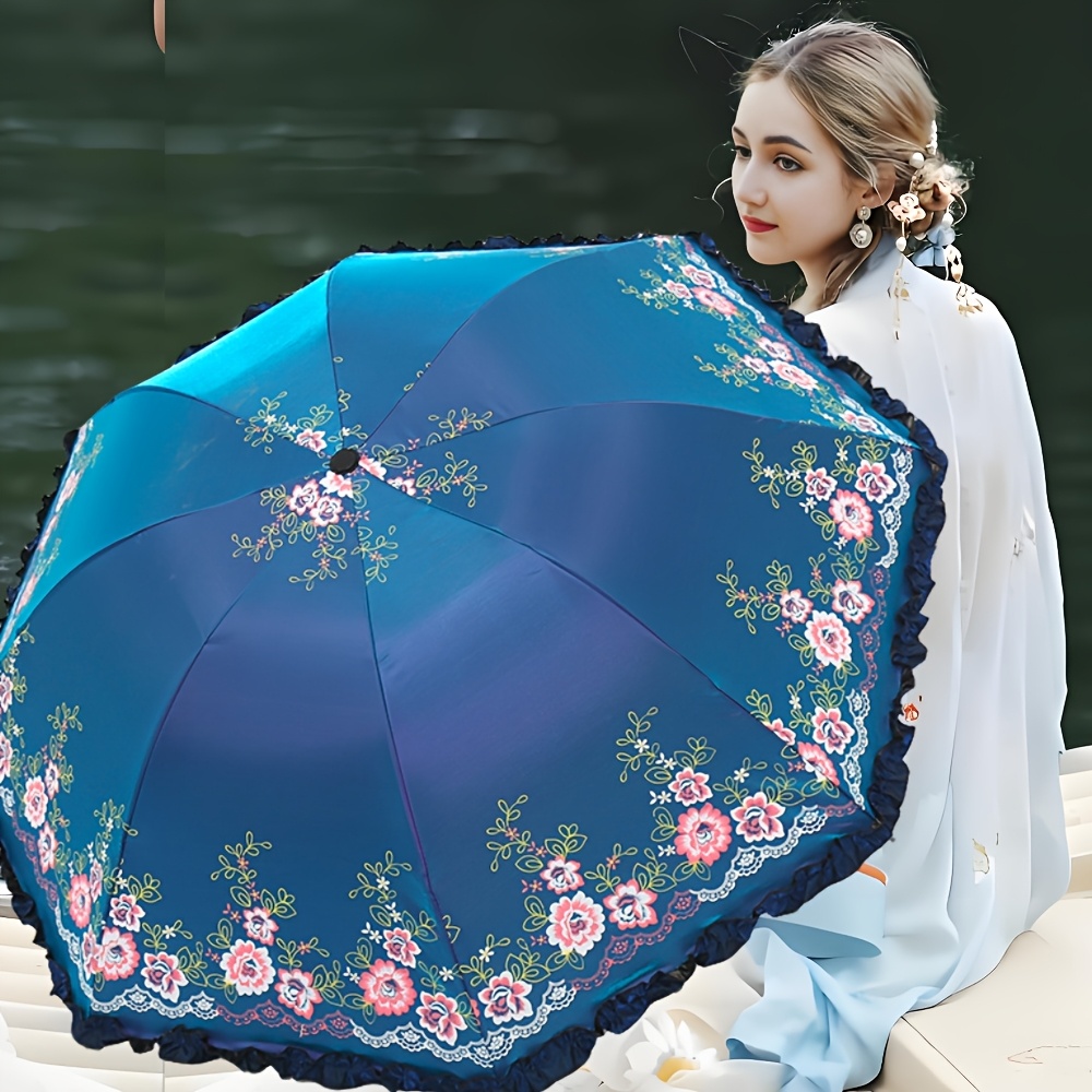 

New Lace Gradient Color Retro High-end Folding Umbrella Black Sunshade Umbrella Sun Protection And Uv Protection Sun Umbrella, Rain, Black Rubber