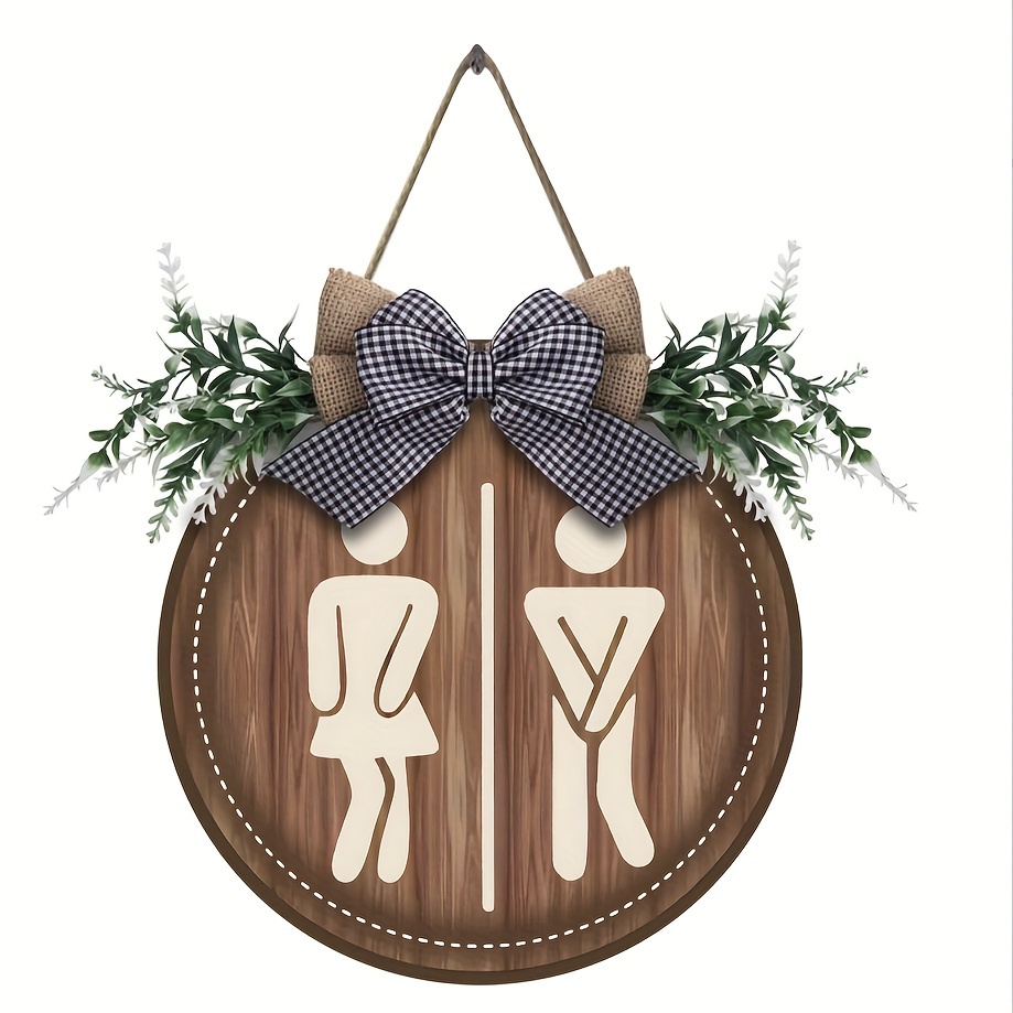 

Classic Style Farmhouse Restroom Sign - Manufactured Wood Wall Hanging Wreath With Plant Theme - Rustic Bathroom Art With Bow Accent, No Electricity Or Feathers, Ideal For Christmas Decor (pack Of 1)