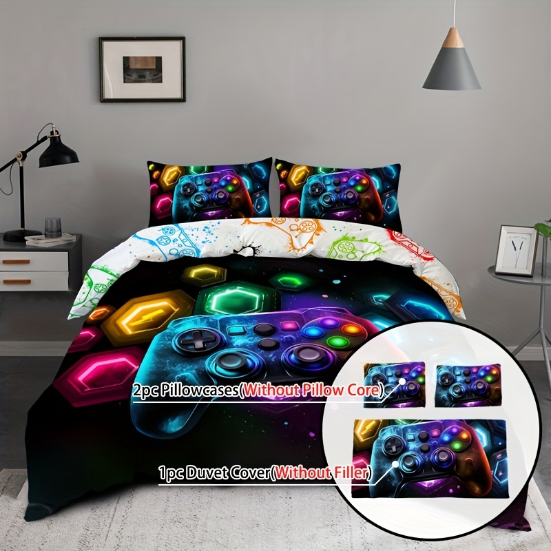 

Gaming Controller Pattern Duvet Cover Set With 2 Pillowcases, 100% Polyester, Breathable , Machine Washable, , Woven Sanded Fabric, No Duvet Insert - Ideal For Youth Bedroom Decor