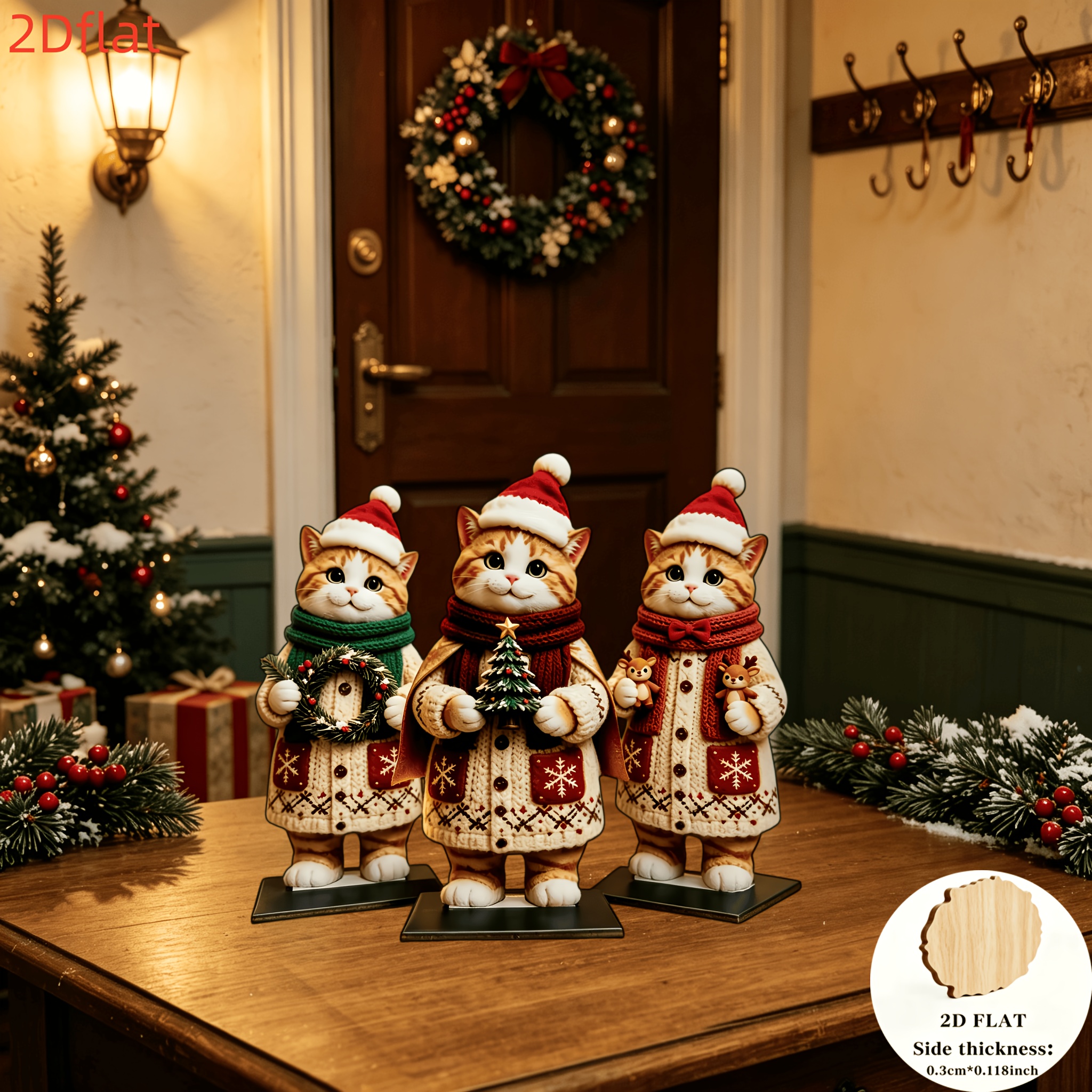 TEMU 2d Flat, 3pcs Vintage Christmas Cat Wooden Desktop Ornament Set, Featuring A Santa Hat, Sweater, And Scarf; Adorable Christmas Kitten. -style