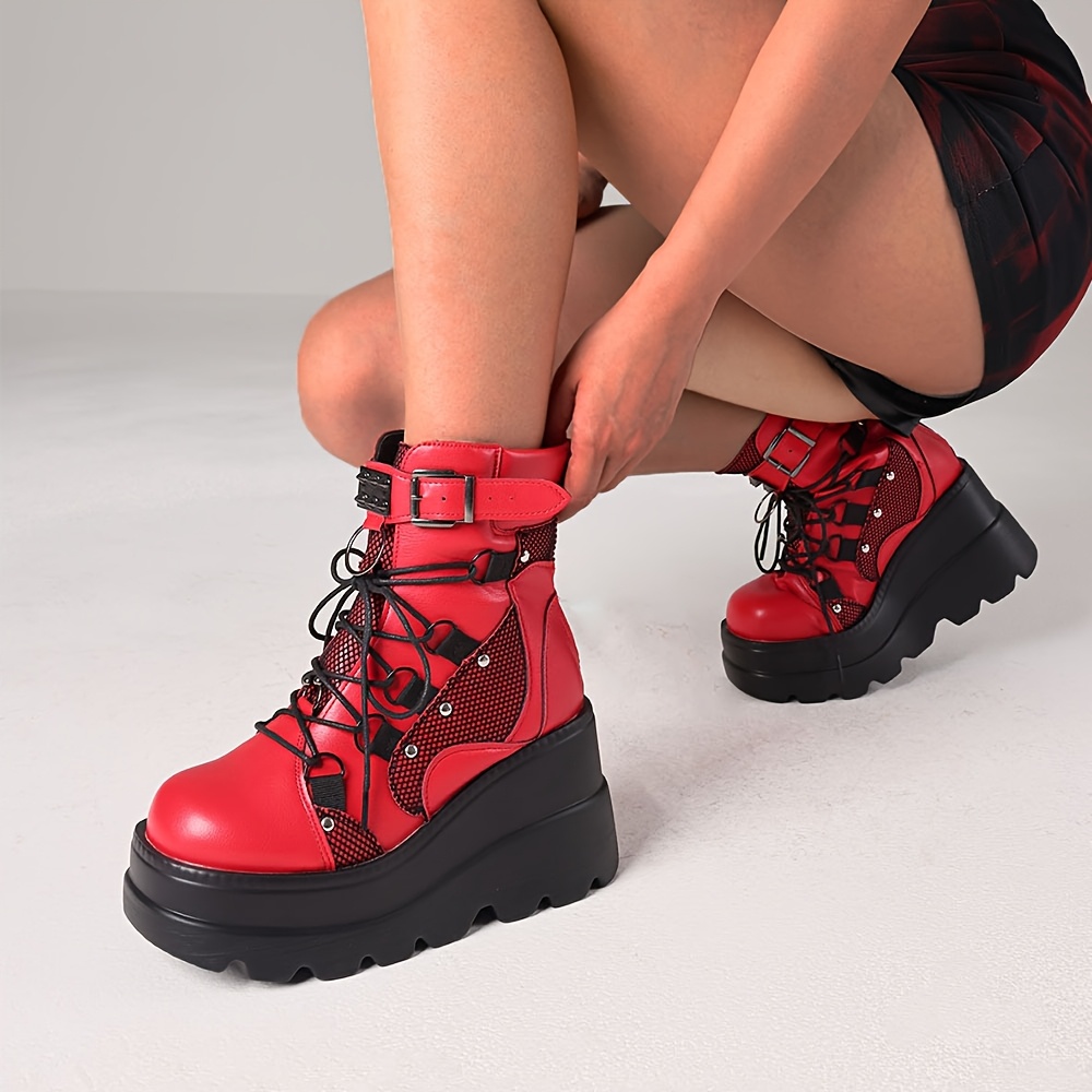 Women's Punk Combat Boots High Wedge Platform Heel Strap Zipper  Closure, Round Toe Motorcycle Gothic Ankle Boots with Rubber Sole