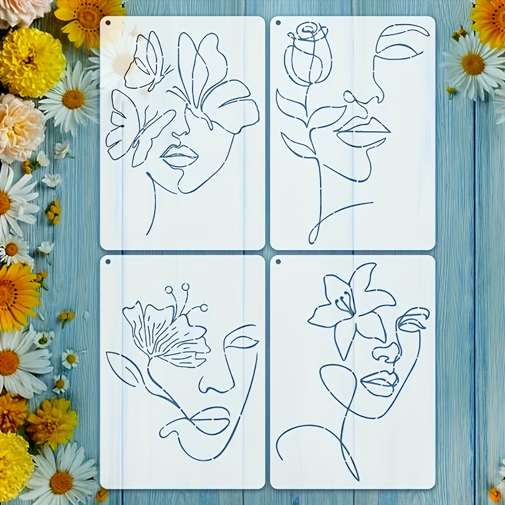 E-shop 4 Stück Abstrakte Linien Vorlagen für Damen, 11.7x8.27 Zoll, Waschbare & Wiederverwendbare Wandkunst für DIY-Bastelprojekte, Stoffdekoration,