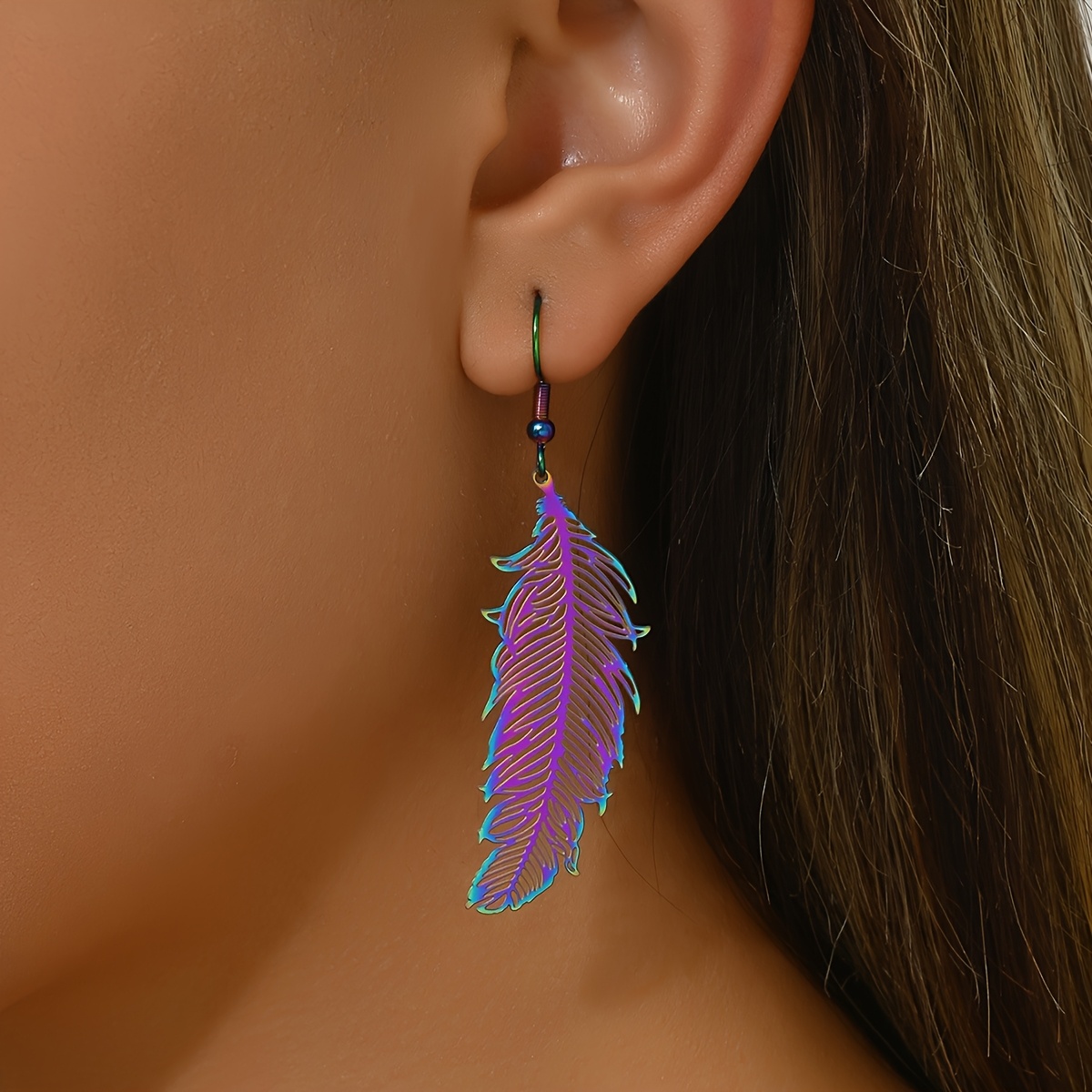 TEMU A Pair Of Stunning Gradient-colored Hollow Feather-shaped Earrings For Women