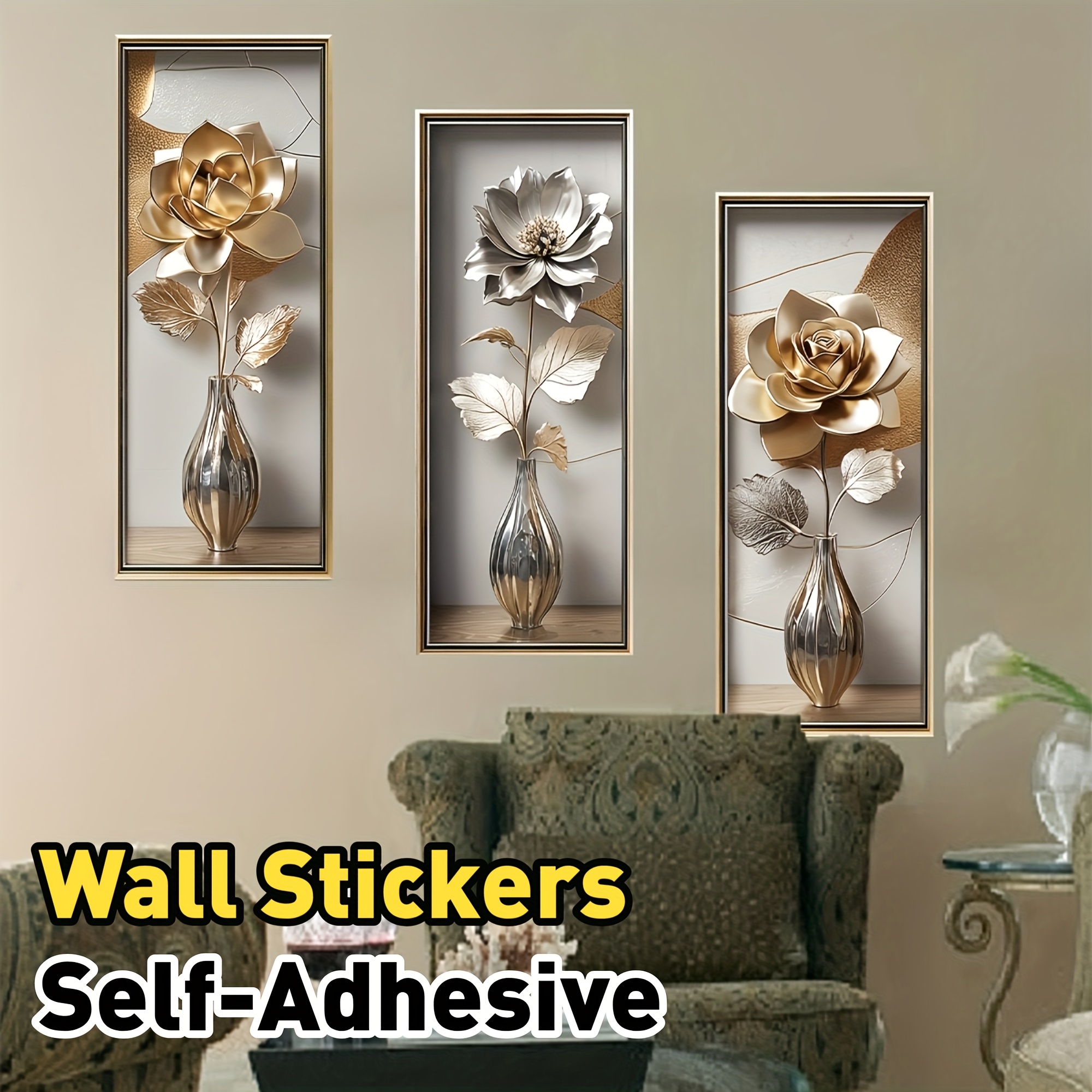 E-shop 3-teiliges Set 2D Display Effekt Blumen Wandsticker Moderne Leichte Luxus Deko Sticker Selbstklebend Geeignet für Wohnzimmer Schlafzimmer