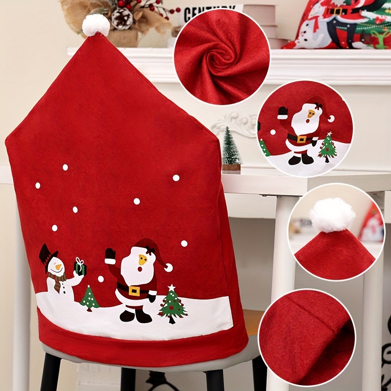 

4-pack Cotton Blend Christmas Chair Covers With Festive Santa & Snowman Design - Chair Back Slipcovers For Holiday Party Home Decoration, Non-electric, Featherless