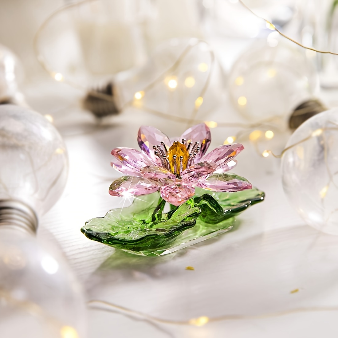 

luminous Decor" Elegant Pink Lotus Glass Ornament - Sparkling Crystal Reflection, Perfect For Home Decor & Gift Box