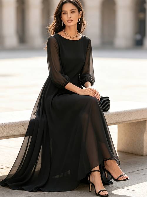 womens off the shoulder chiffon black long dress loose puff 3 4 sleeve flowy a line vacation jumpsuit off shoulder round neck loose long dress