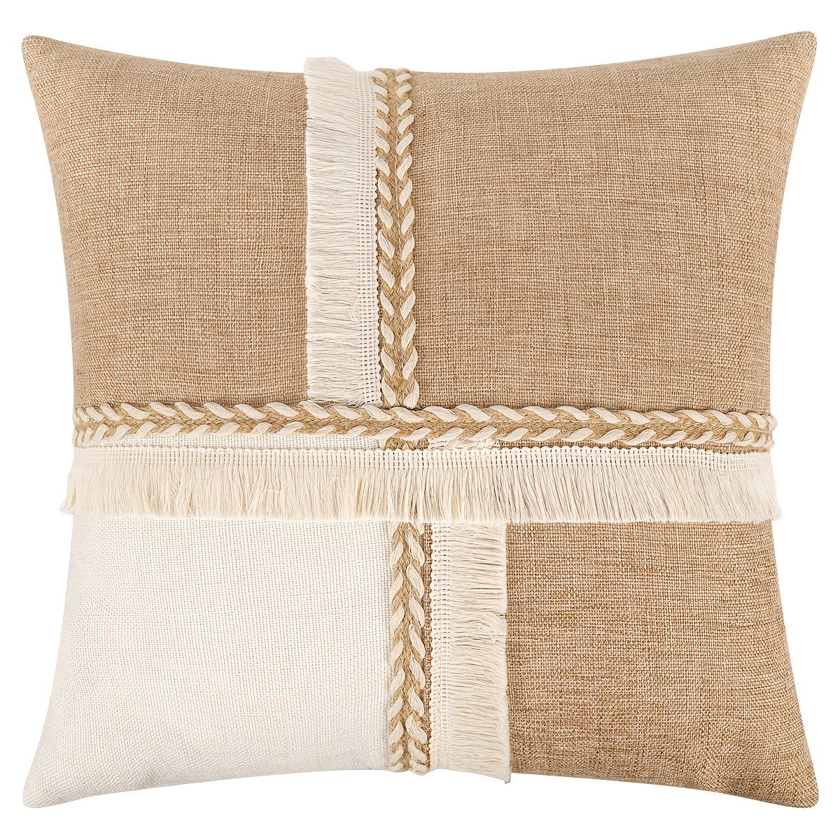 TEMU 1pc Boho Throw Pillow Cover With Tassel Fringe, Neutral Khaki Beige Spliced Cushion Case, Braided Rope Decor Square Decorative Pillowcase For