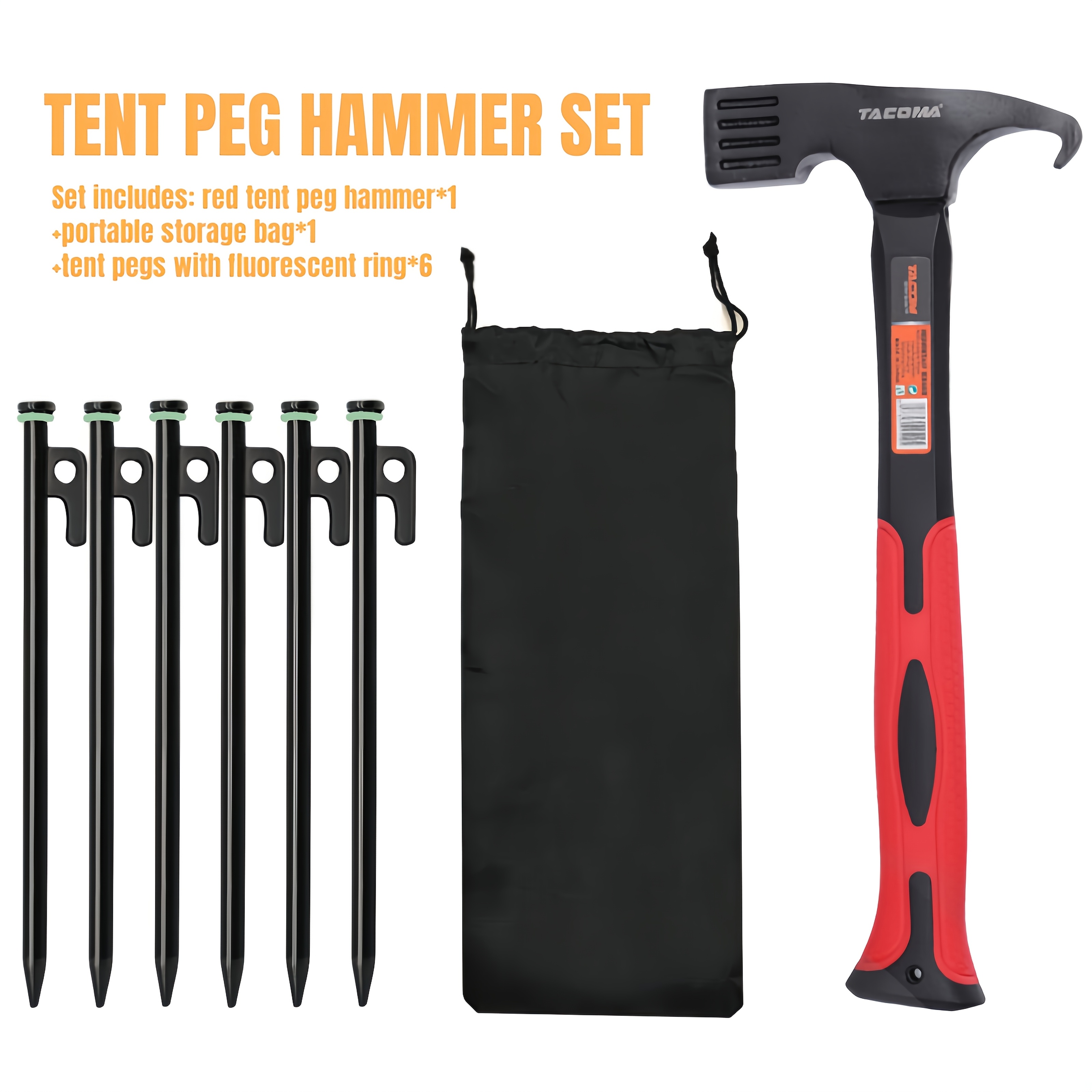 TEMU Tent Hammer And Tent Stakes Set Or Single With Tent Peg Remover And Pegs, Comfortable Grip, Durable Carbon Steel Head With Plastic Spray End For