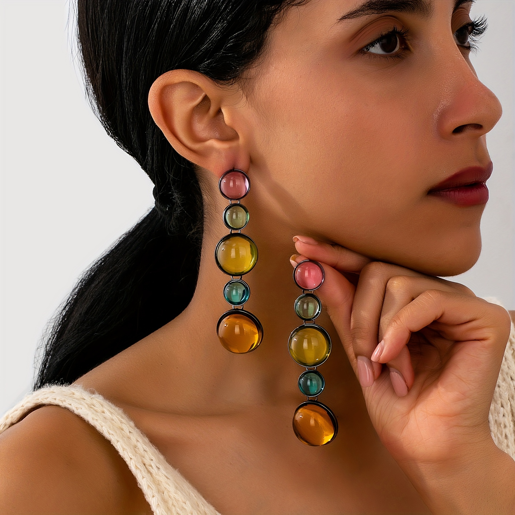 Image of 1 Pair Of Bohemian Minimalist Fashion Elegant Irregular Colorful Large And Small Round Women's Earrings, Suitable For Vacation Parties And Daily Wear
