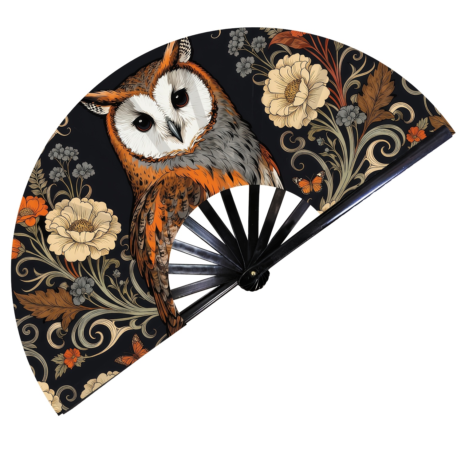 TEMU Vintage Owl Floral Folding Fan, Unisex Portable Cooling Fan, Summer Artistic Style Party Camping Commuting Office Cooling Fan