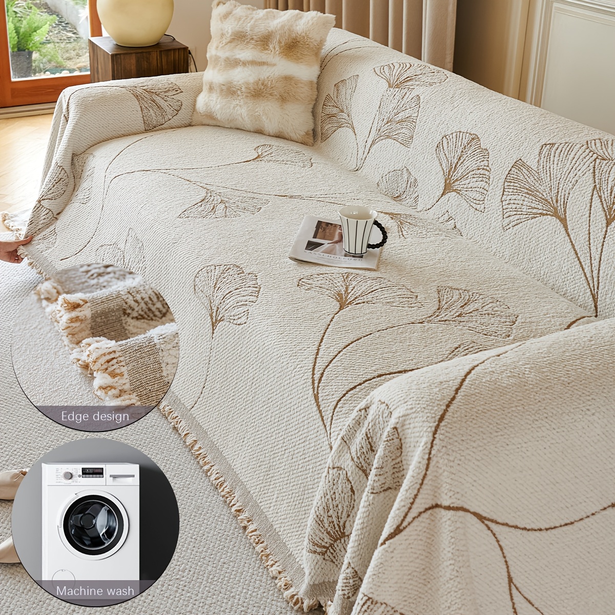 Enable 1pc Autumn Apricot Warm Velvet Sofa Cushion Cover Geometric Floral Pattern Small Floral Lace Anti-Scratch Pet Friendly Non-Slip All Seasons Universal Sofa Towel