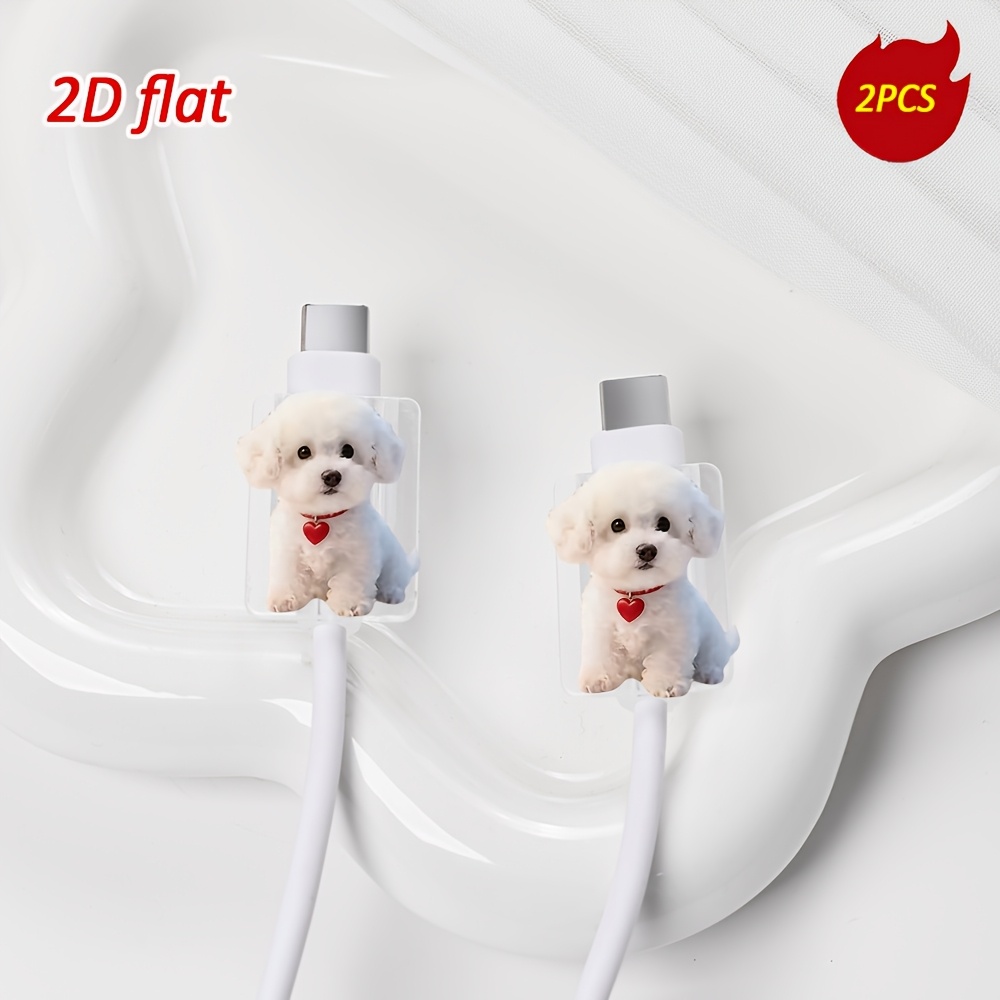 TEMU [2d Flat] 2pcs Cute White Teddy Bear Cable Protector, Anti-break, Anti-scratch, Type-c Phone Data Cable Protector, Aesthetic, Stylish, Durable,