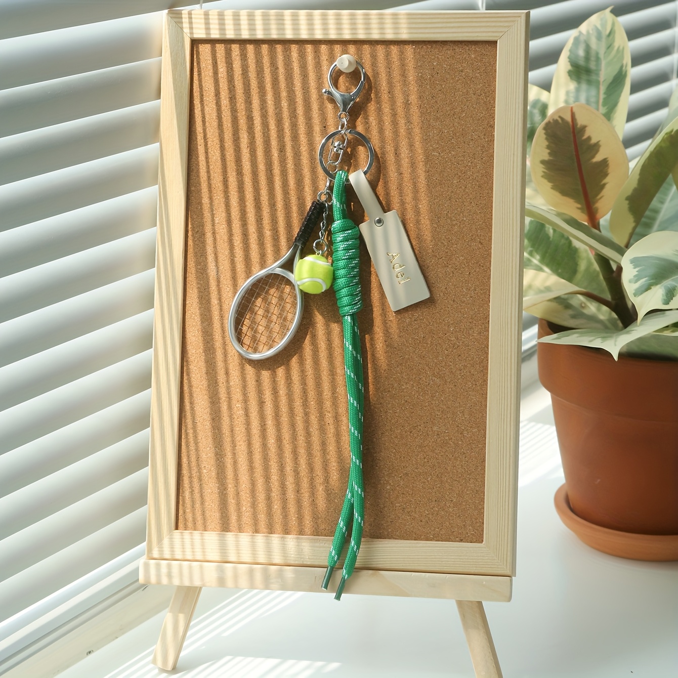 TEMU 1pc Of Personalized Sports-themed Keychain Featuring A Customized Name Or Initials, Designed With A Golden Monogram, Colorful Ball, And Racket.