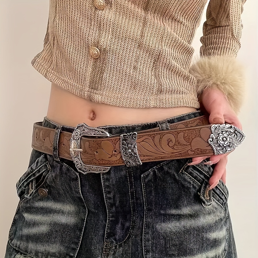 

Ceinture en cuir Pu à fleurs perforées occidentales, pantalon de robe en jean, Vintage, taille décontractée, ceintures en relief pour femmes