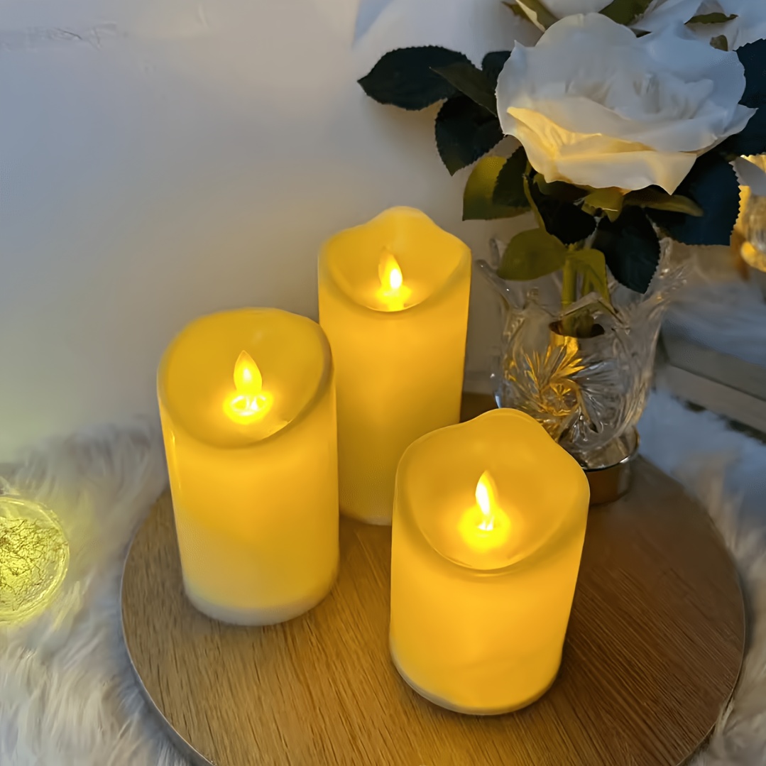 E-shop 3 Stück flammenlose Kerzen mit beweglicher Flamme - Batteriebetriebene LED-Säulenkerzen für Camping, Hochzeit, Tisch, Feiertage, Halloween,