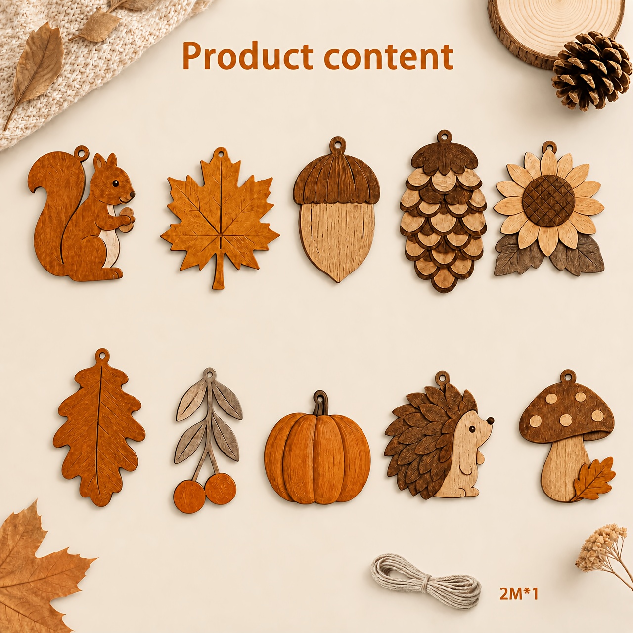 TEMU Guirnalda de madera de otoño, banner de guirnalda de adornos de madera de , hoja de , calabaza y erizo, decoración colgante rústica de Acción de