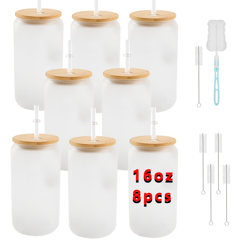 Image of 8-pack 16oz Frosted Bamboo Water Cups - Reusable Bamboo Lid Gift Set For Coffee, Juice & Party Use - Includes Straws & Cleaning Brush For Easy Camping