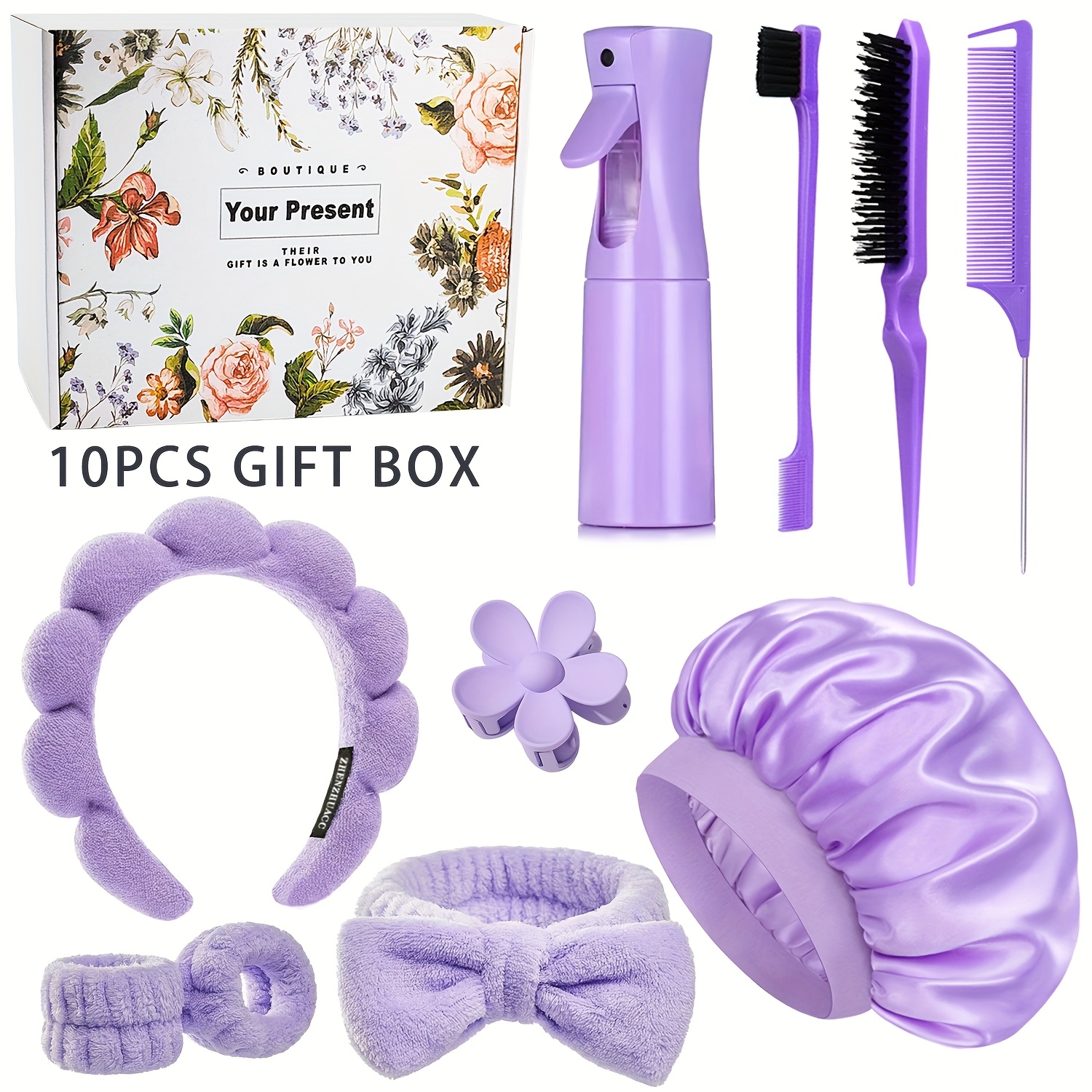 Image of 10pcs Hair Styling Brush Makeup Styling Tools With 3pcs Detangler, Teasing, Rat Tail, Continuous Spray Bottle, Band Sleep Cap And Face Skincare Wash Headbands Wristbands Set With Flowers Claw Clips