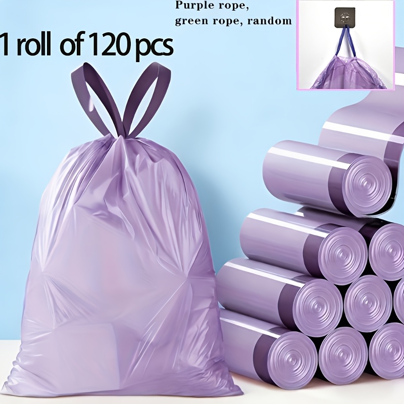 E-shop 1 Rolle mit 120 lila Müllbeuteln mit Kordelzug, strapazierfähige, auslaufsichere, verdickte Plastikmüllbeutel, geeignet für Küche, Badezimmer,