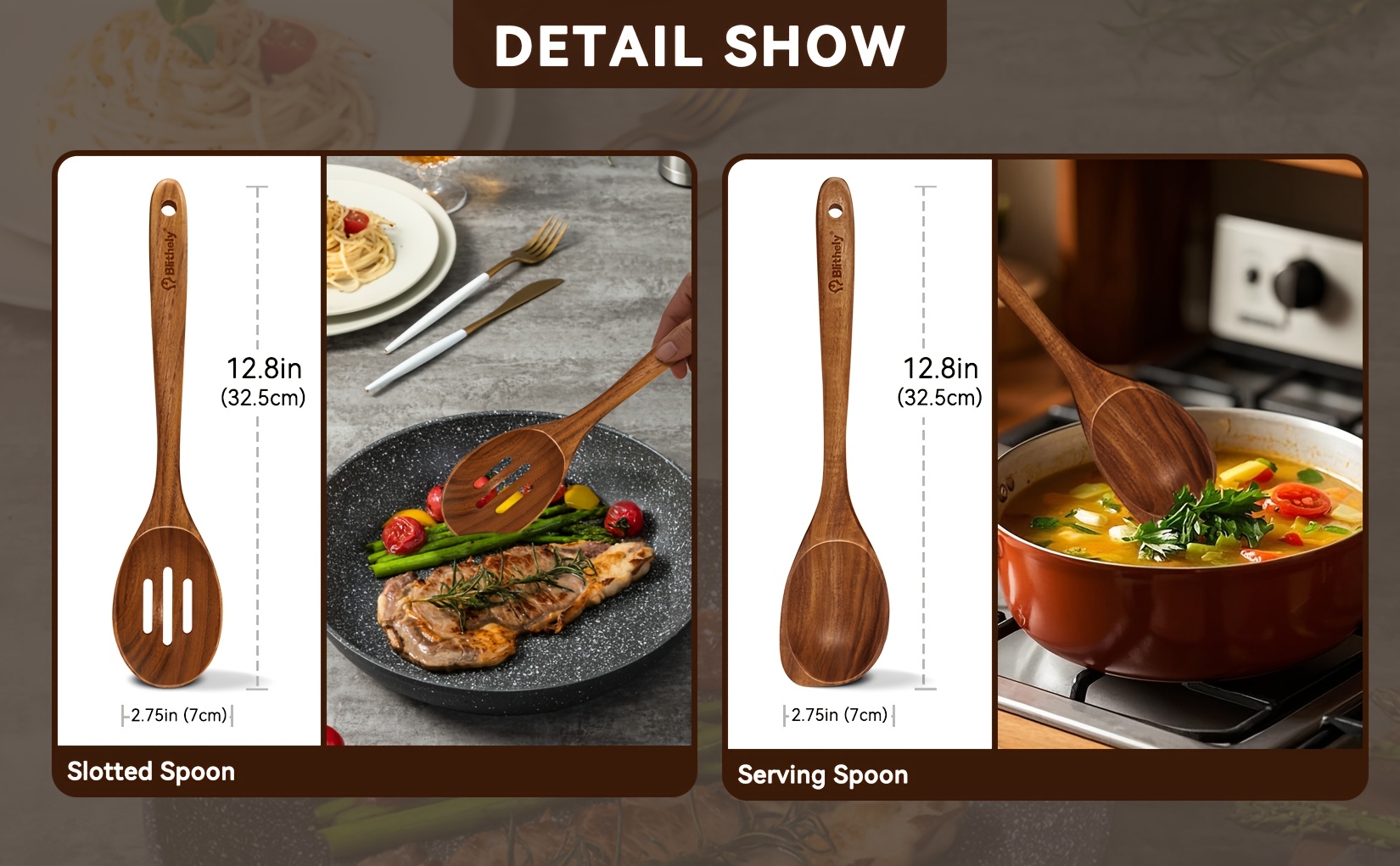 2pcs teak wood cooking utensils set corner spoon and slotted spoon nonstick smooth wooden cooking spoon set heat resistant wooden cooking utensils for cooking serving and mixing details 3