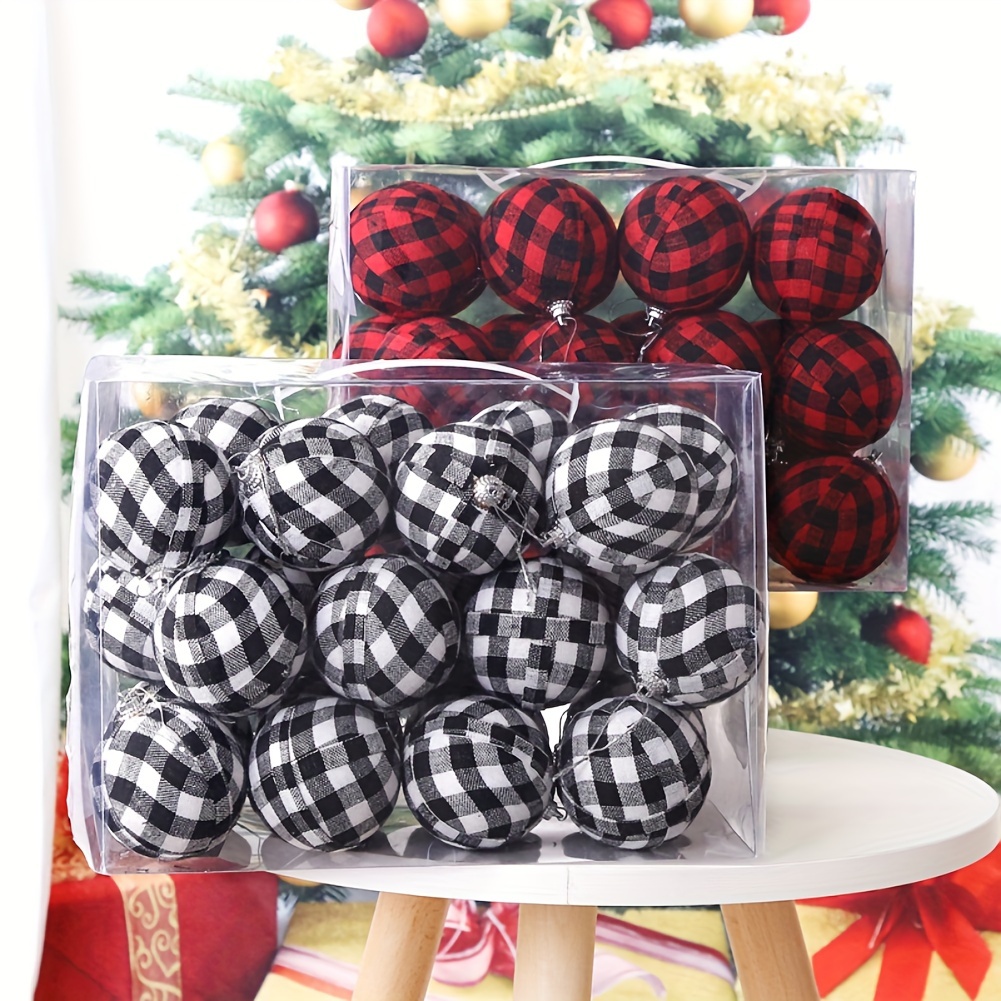 

24pcs Farmhouse Christams Buffalo Plaid Fabric Ball Ornament Decorative Plaid Ball Hanging Ornament For Christmas Decorations Supplies