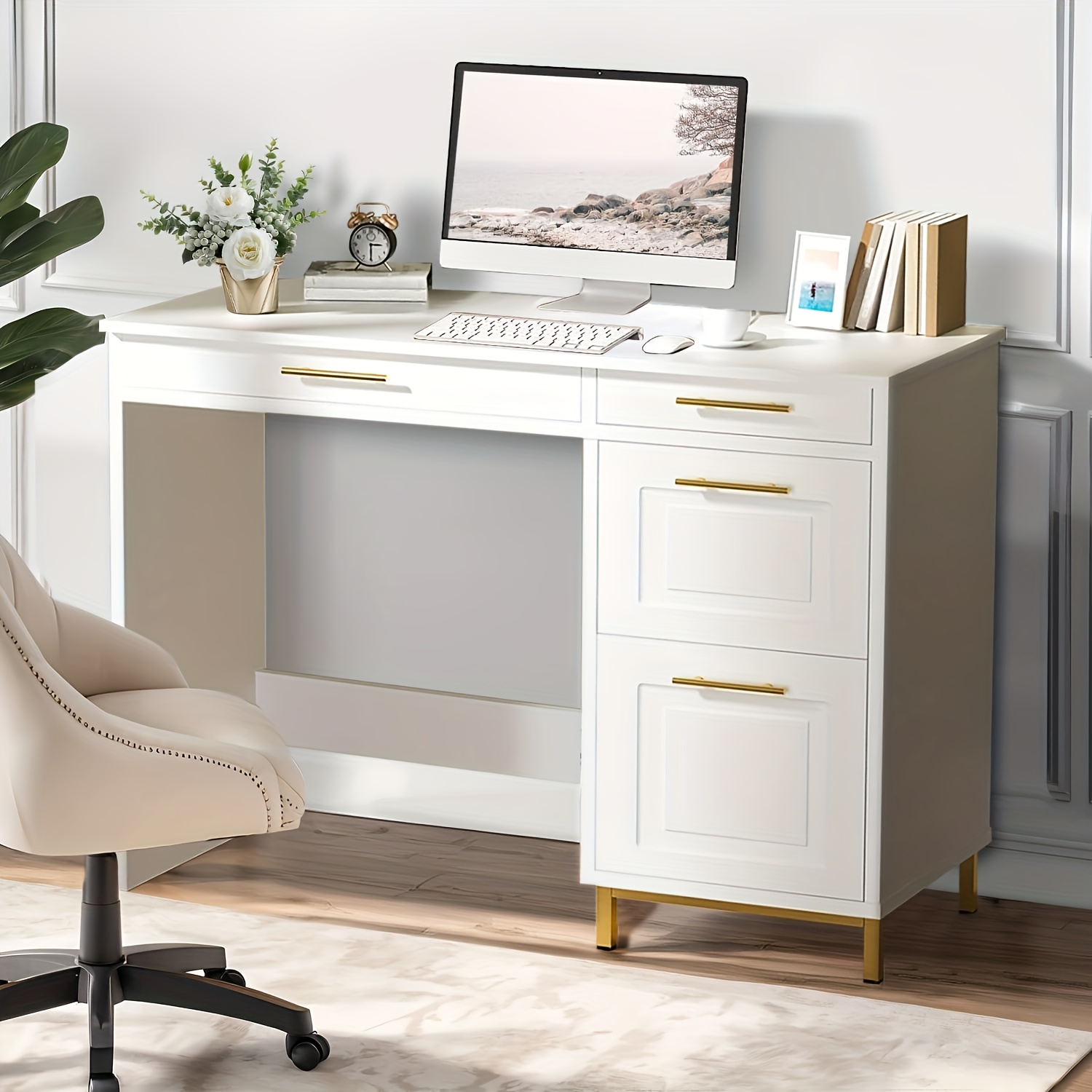desk 4 storage drawers home office computer desk golden Temu