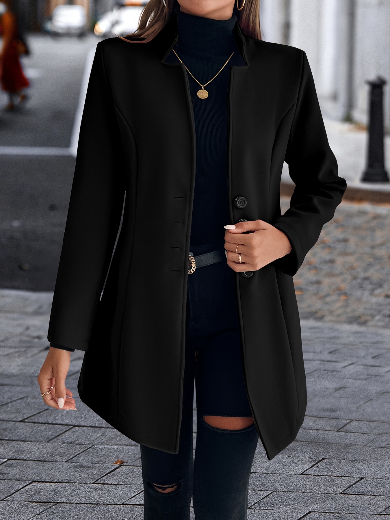 Elegant Long Trench Coat Belt Polyester Solid Color Overcoat