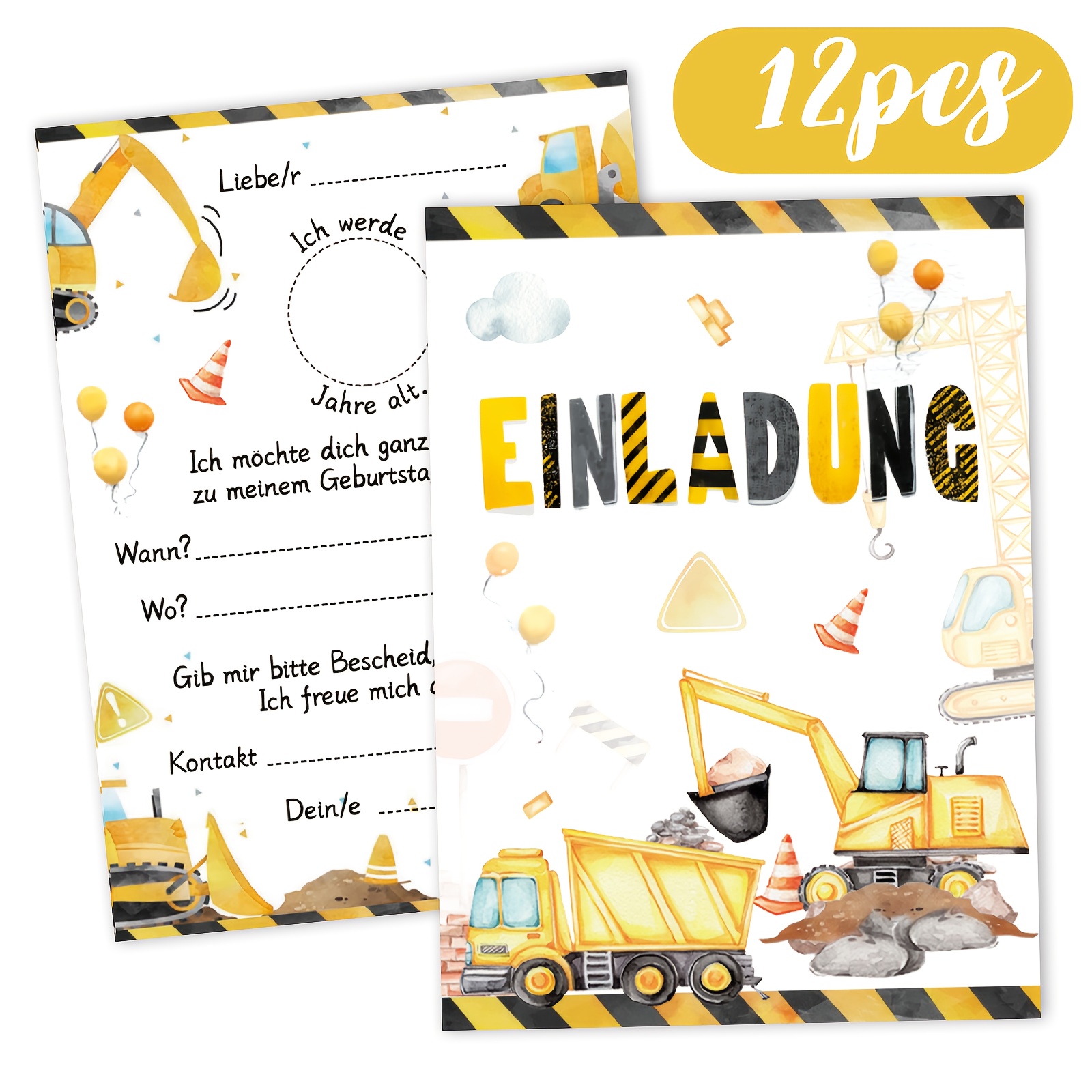 E-shop 12 Einladungskarten mit Baufahrzeugen, mit Designs von Baggern und Bulldozern, mit Sicherheitswarnstreifen und gelben Ballon-Elementen, die ein