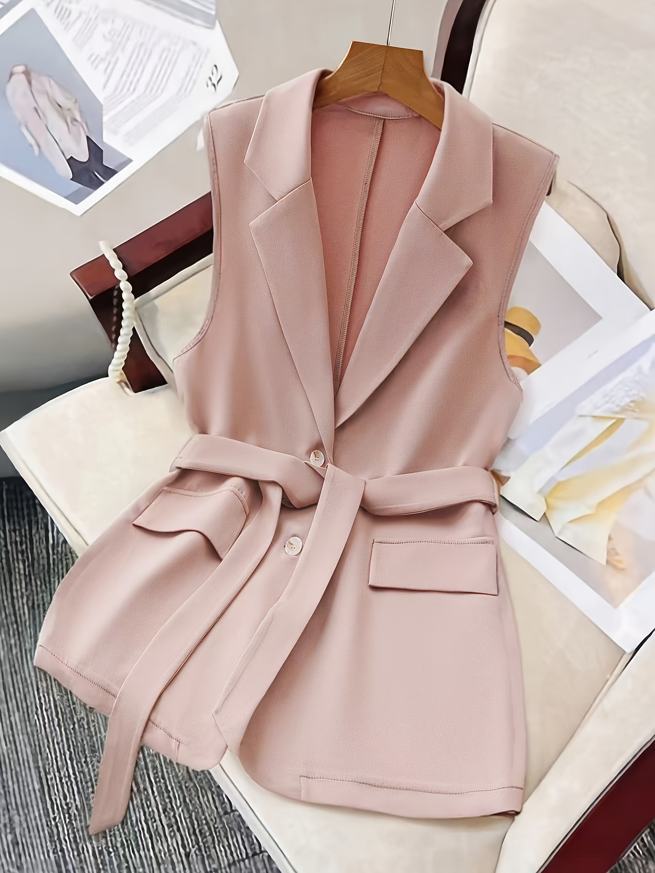 womens sleeveless notch lapel suit vest solid black single Temu