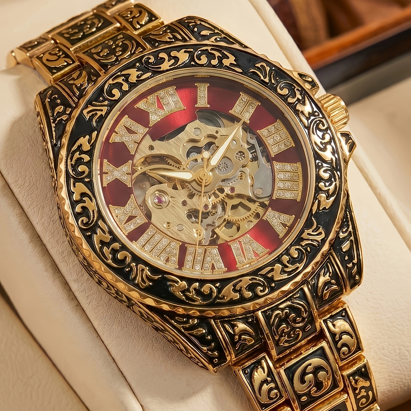 TEMU 1pc Men's Belt Retro Fashion Luminous Carved Mechanical Watch, Without Battery