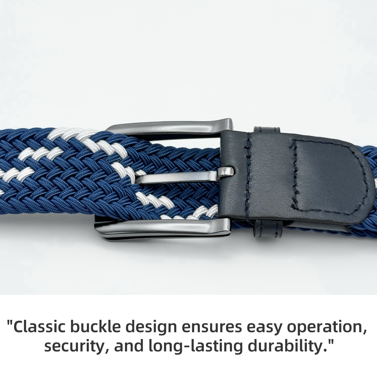elastic woven belt with durable alloy stretchy no hole design blue
