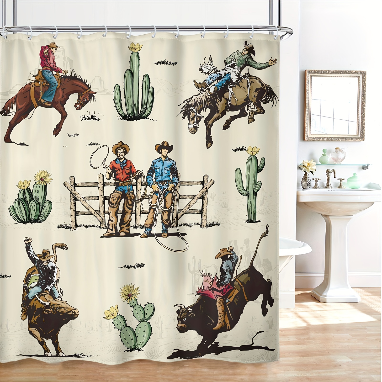 

1pc Western Cowboy Shower Curtain, Farmhouse Rodeo Riding Horse Bull West Rustic Cactus Country Shower Curtain Bath Accessories, Unique Art Home Decor Fabric 12 Pack Hooks, 60wx72h Inches