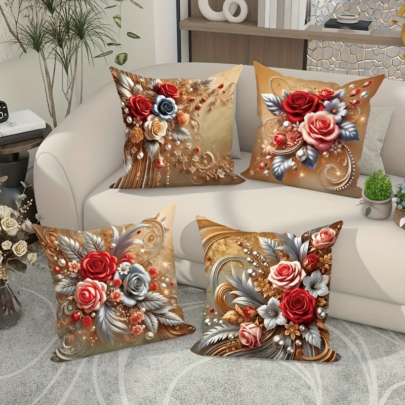 

Luxury 4pcs Throw Pillow Cover Set - Red, Golden & Silvery Floral & Leaf Designs - 18x18 Inches With Zipper Closure For - Living Room & Bedroom Decor (inserts Not Included)